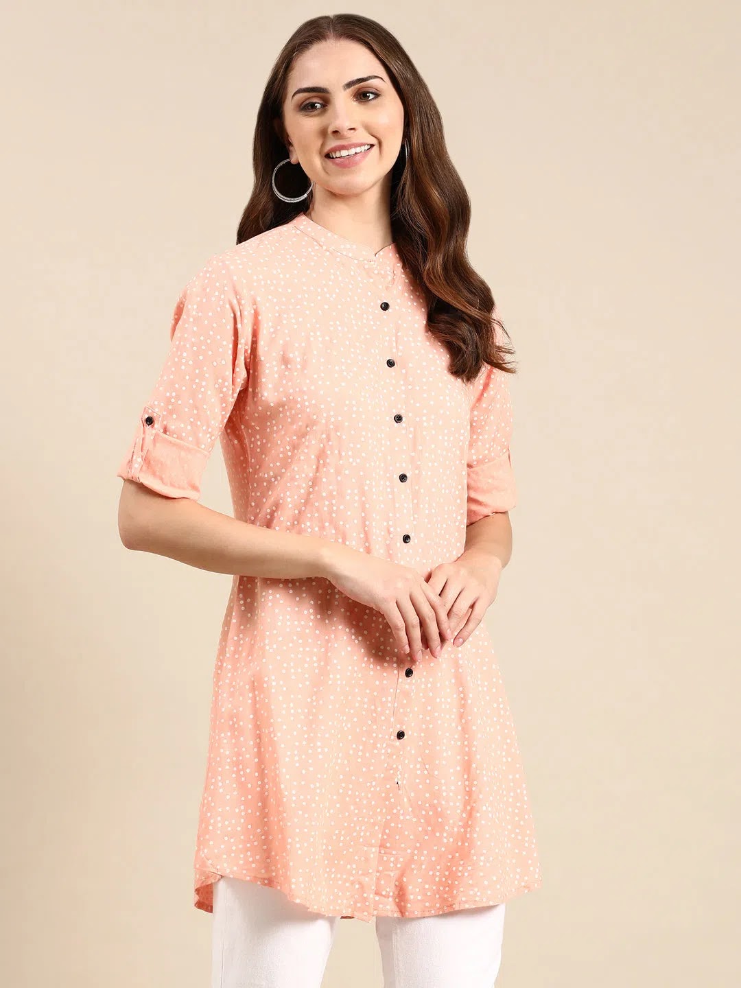 Peach Printed A-Line Kurti - Women's Indian Kurta Tunic Top