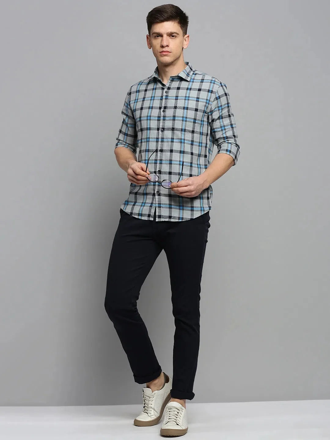 Grey Checked Mens Shirt | Cotton Casual Style