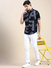 Men Navy Typographic Casual Shirt-GEORGE-1604-Navyblue