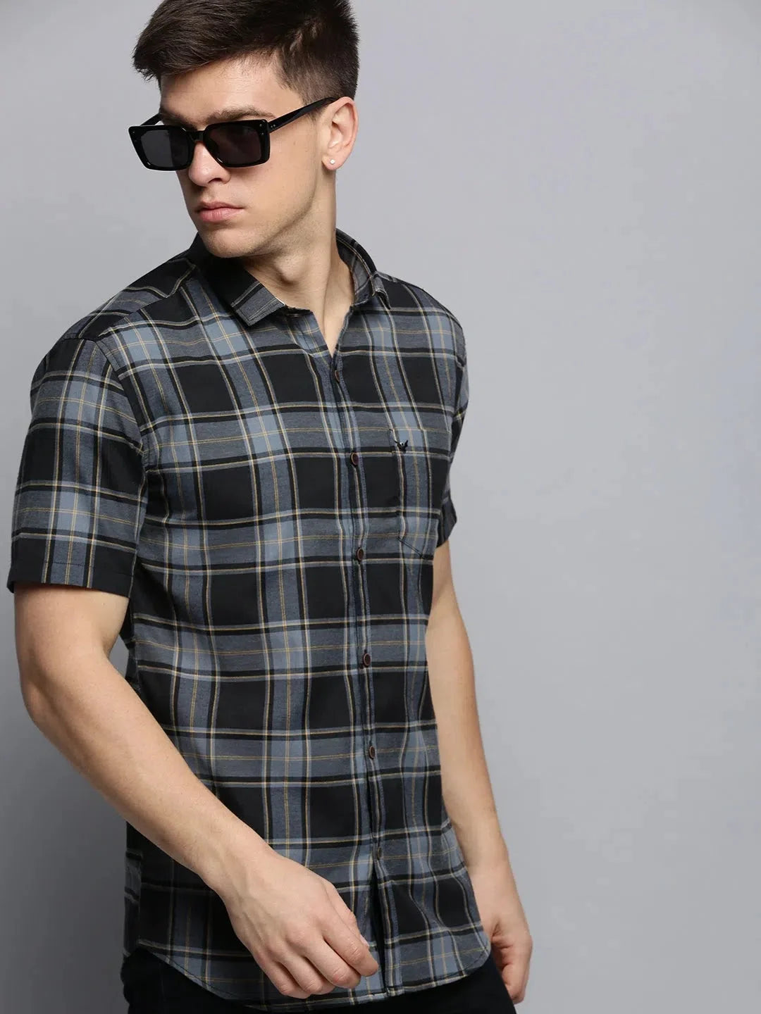 Grey Checked Mens Shirt - Cotton Casual Shirt | DesiQlo
