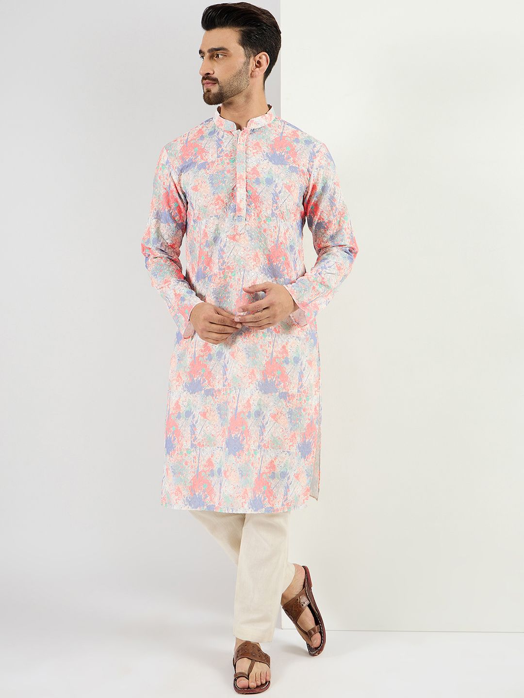 Ethnic Bay Men Off White Viscose Rayon Abstract Embroidered Straight Kurta With Pant Set-MKSET1082