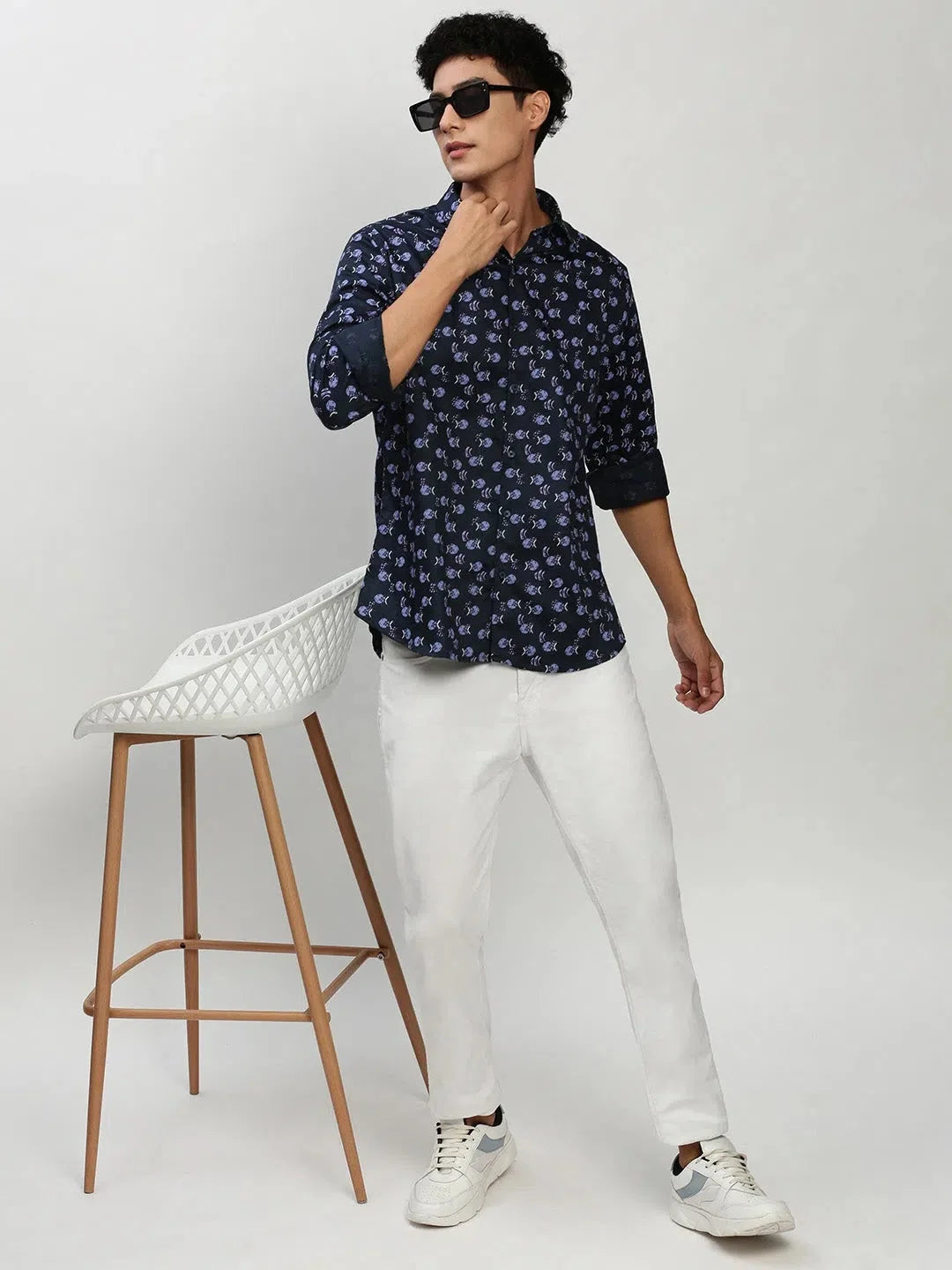 Men's Navy Printed Cotton Shirt | Casual & Trendy
