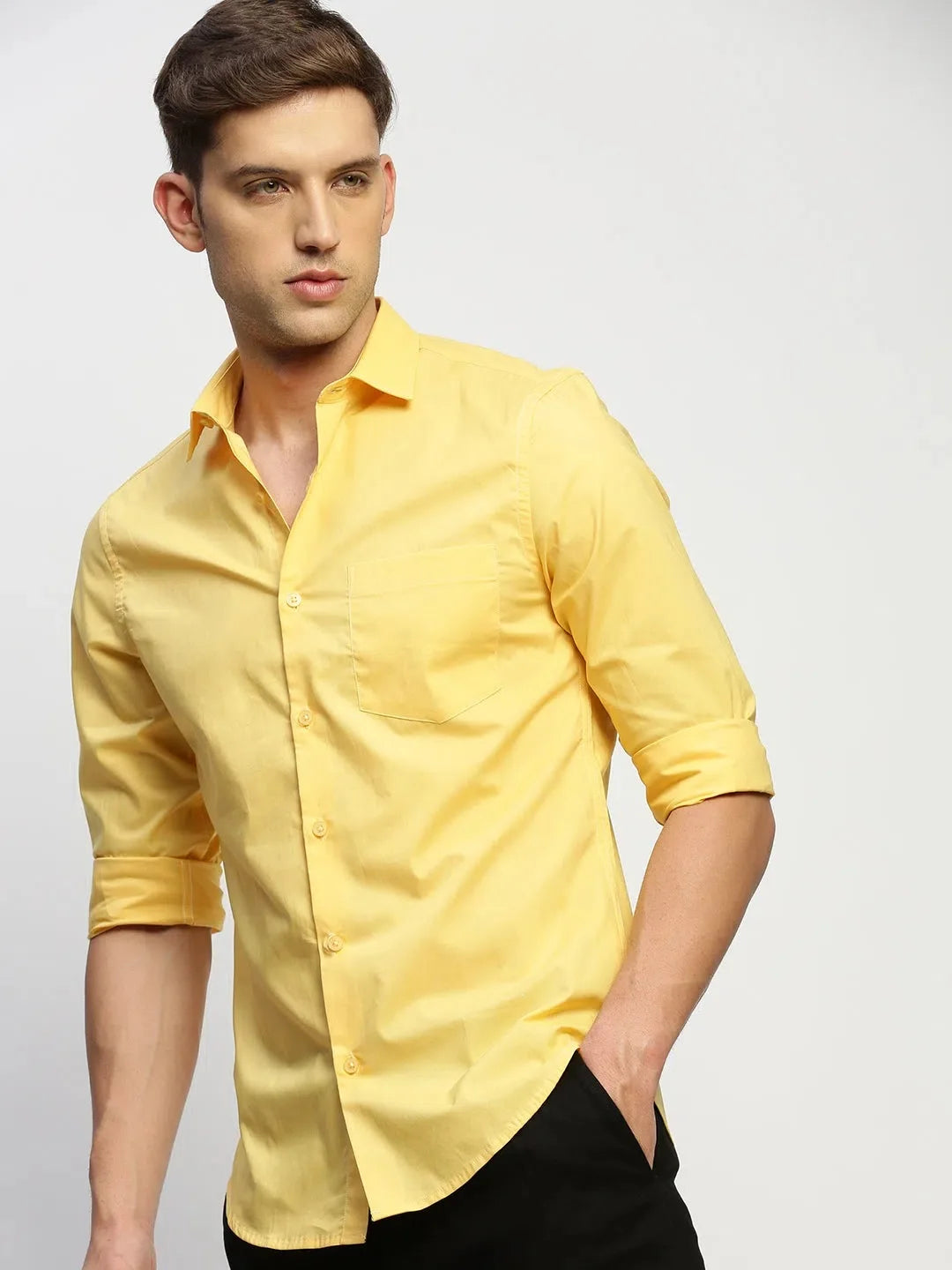 Yellow Cotton Mens Shirt | Solid Casual Shirt Online - DesiQlo
