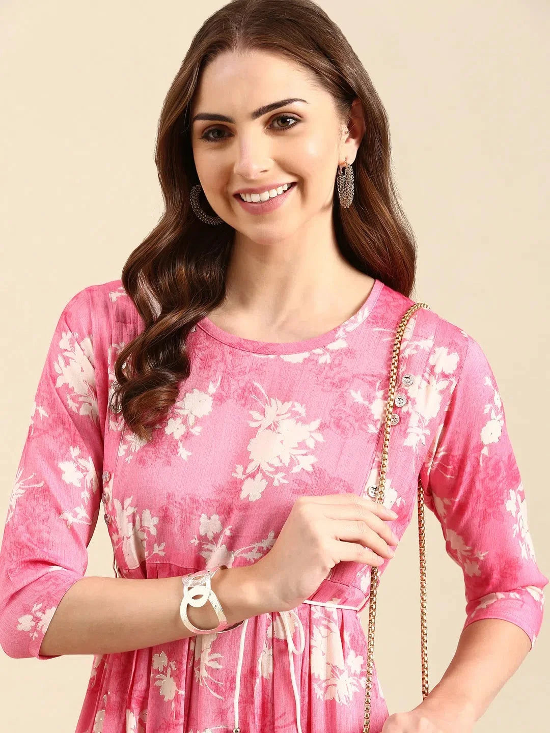 Pink Printed Anarkali Kurti for Women | Viscose Fabric