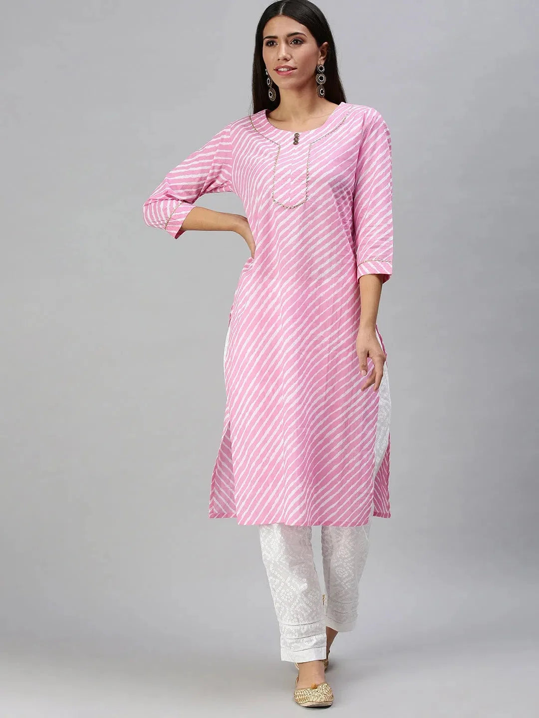 Pink & White Striped Women's Kurta Sets | Cotton Kurta Sets