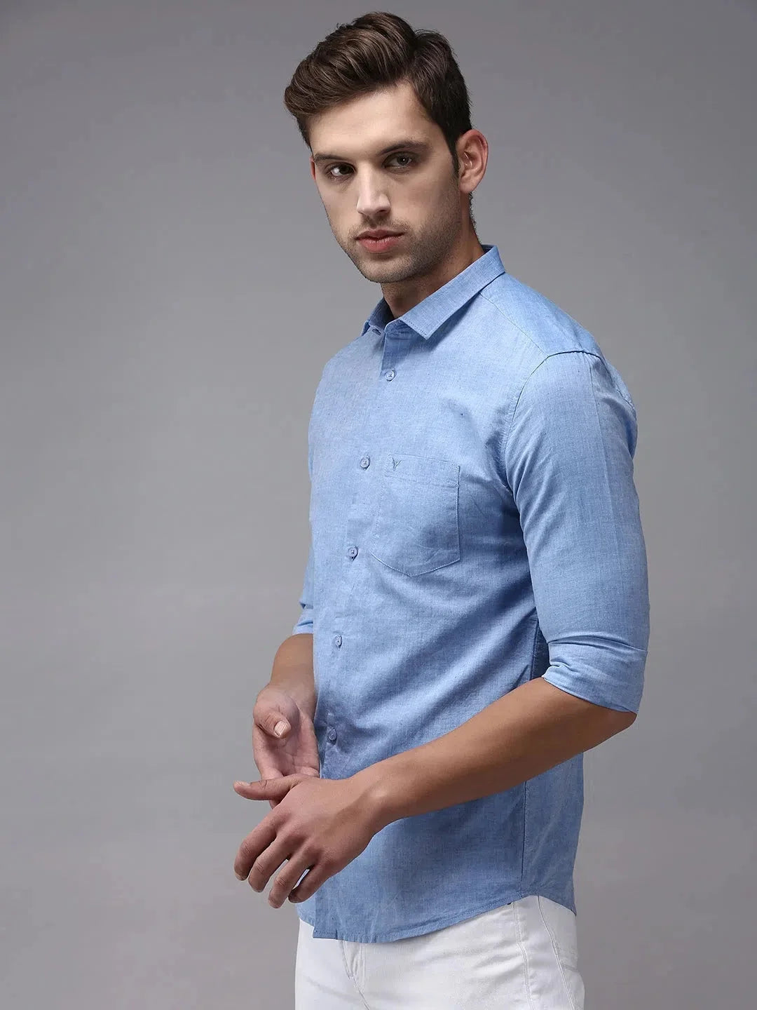 Blue Solid Mens Shirt - Casual Cotton Linen Shirt | DesiQlo