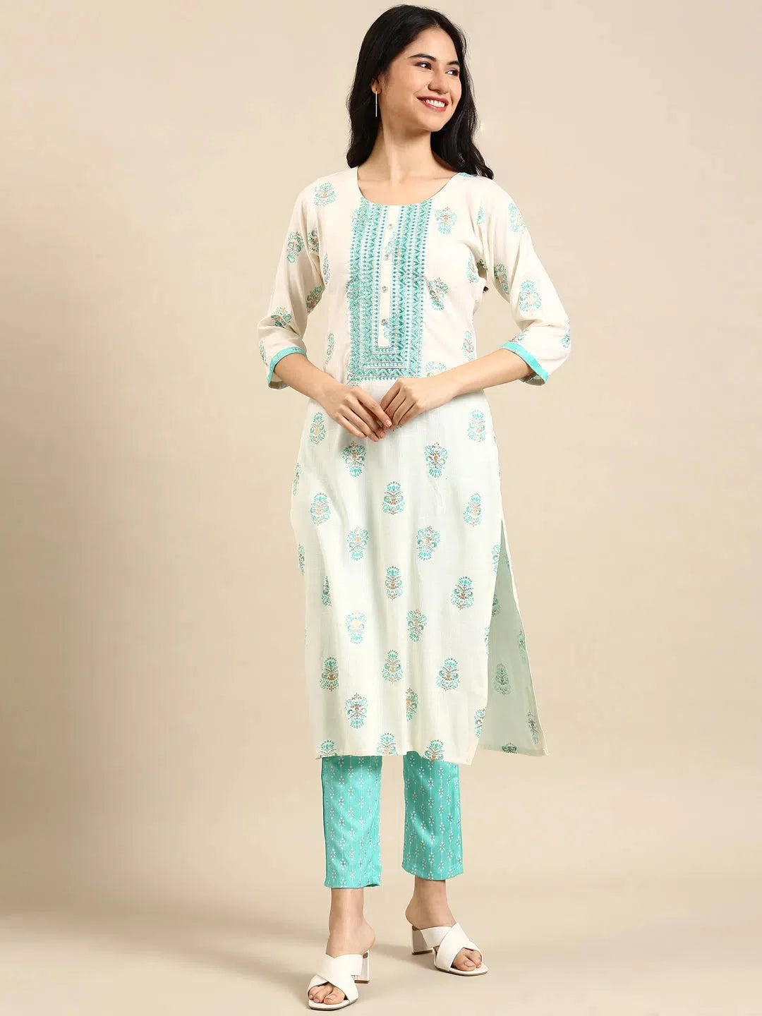 Soft Cream Floral Cotton Kurta Set | Women's Indian Kurta Sets