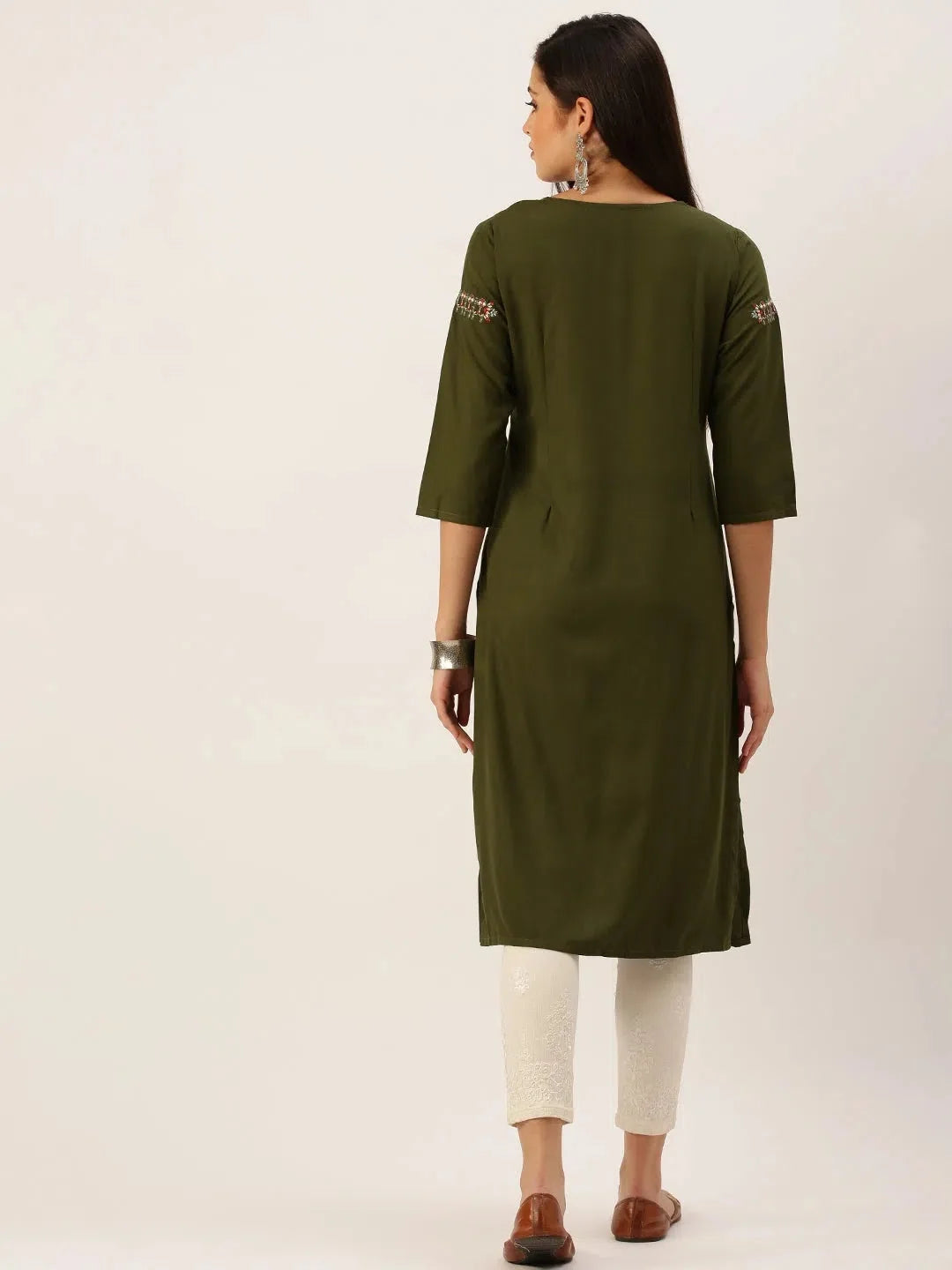 Olive Embroidered Kurta for Women | Cotton Indian Kurtis Online
