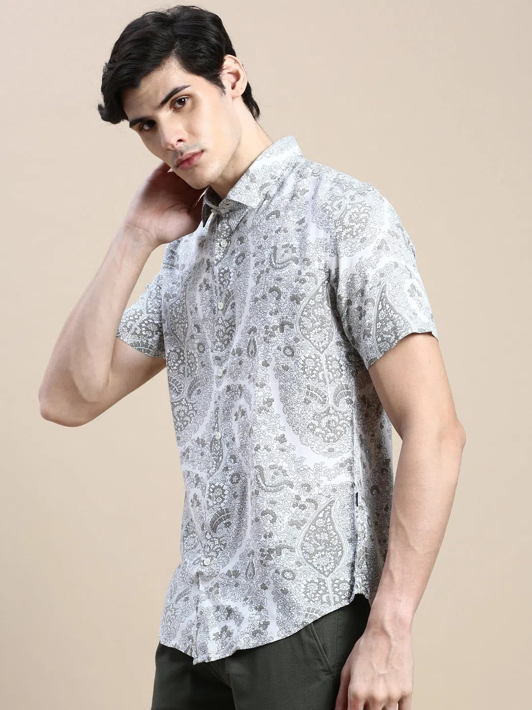 Men's Cream Floral Printed Cotton Shirt | Casual Shirts