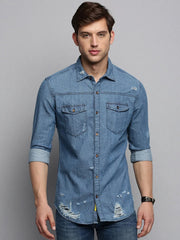 Men Blue Solid Casual Shirt-VIVODENIM-4464-Blue