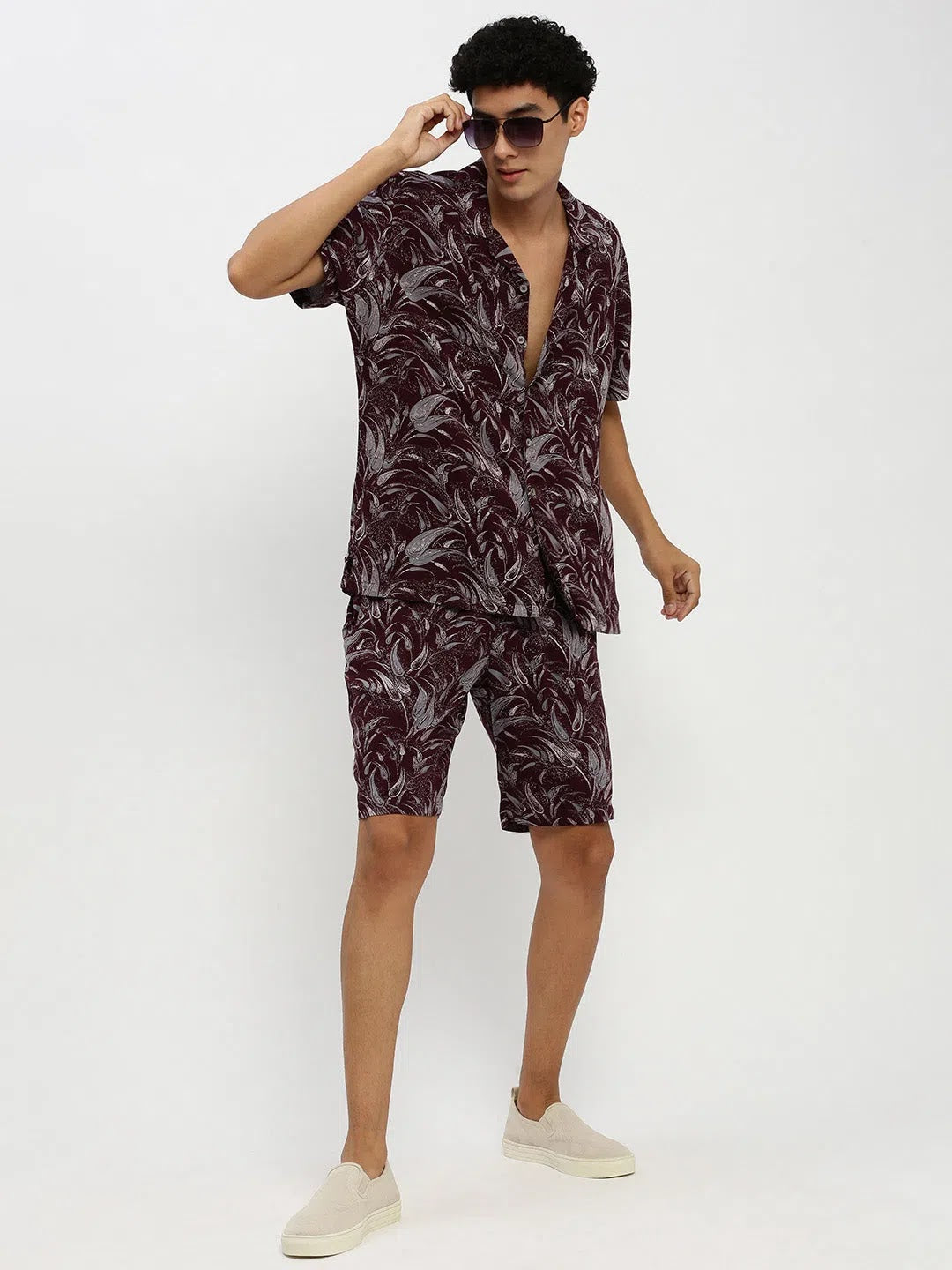 Men's Magenta Printed Co ord Set | Casual Mens Two Piece Sets