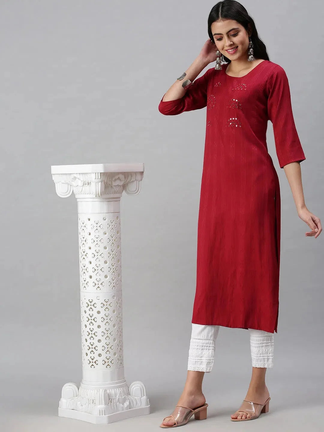 Maroon Striped Cotton Indian Kurta for Women - DesiQlo
