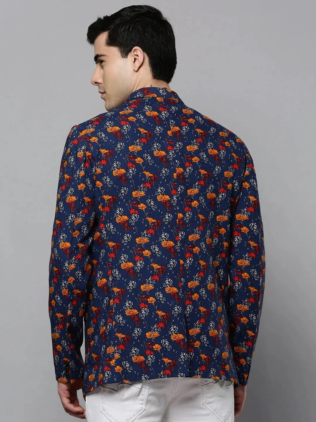 Men's Blue Printed Cotton Blazer | Modern Ethnic Nehru Jacket