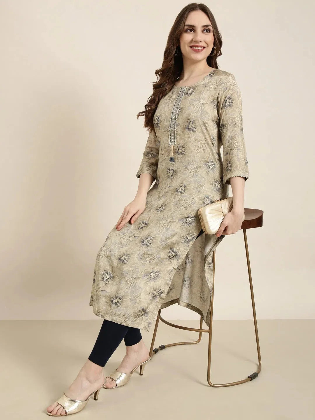 Beige Floral Viscose Kurta for Women | Indian Kurti Styles