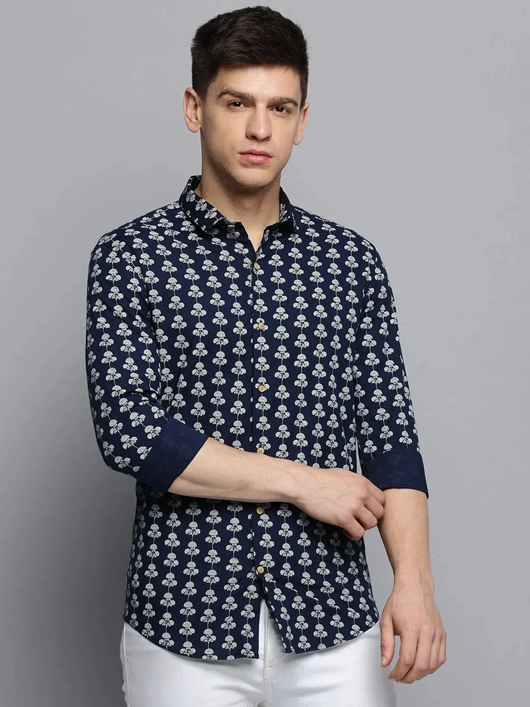 Shop Navy Printed Mens Shirt - DesiQlo Cotton Casual Shirt