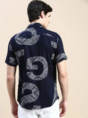 Men Navy Typographic Casual Shirt-GEORGE-1604-Navyblue