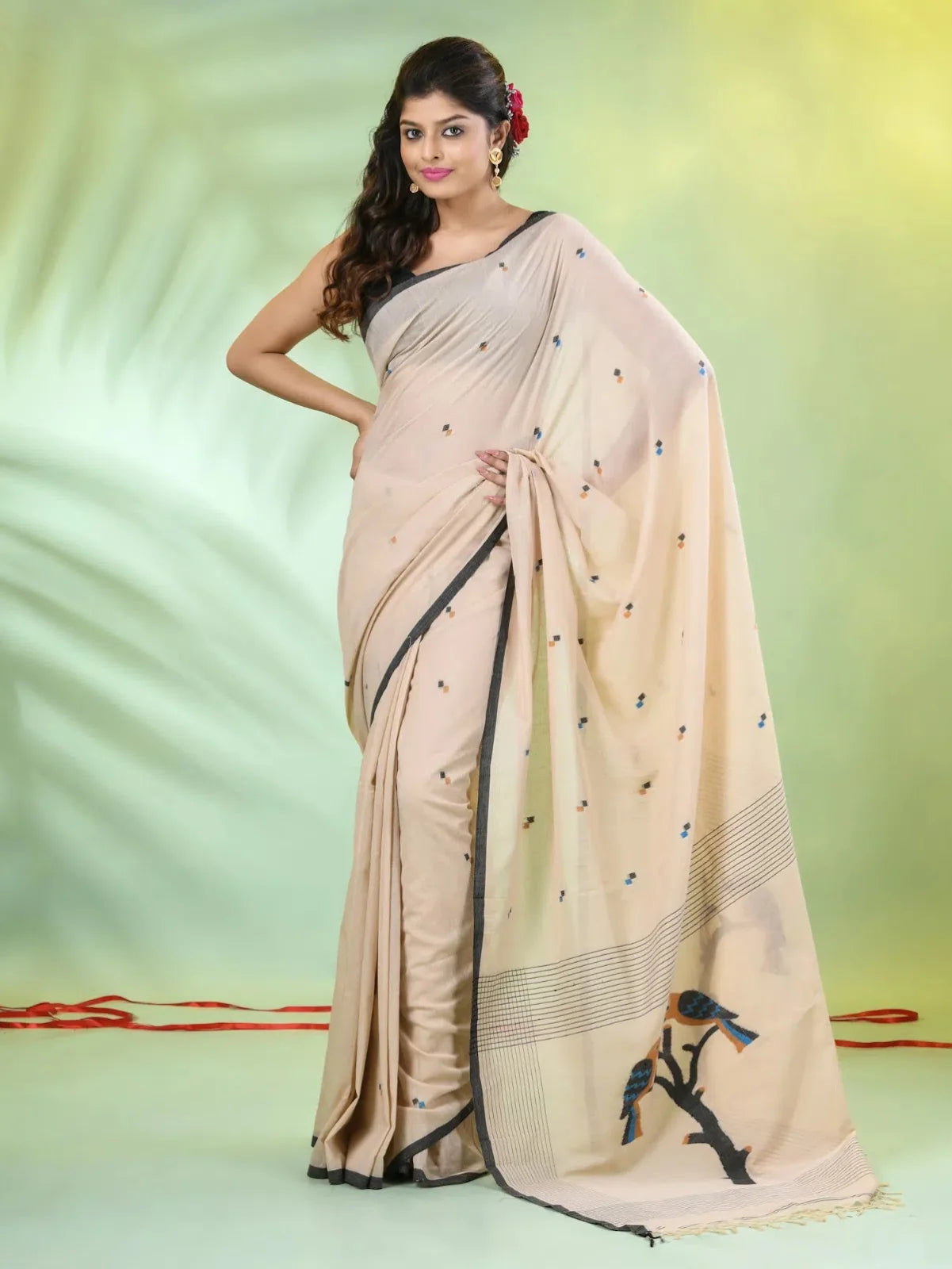 Beige Cotton Saree: Handwoven Bird Motifs | Indian Sarees