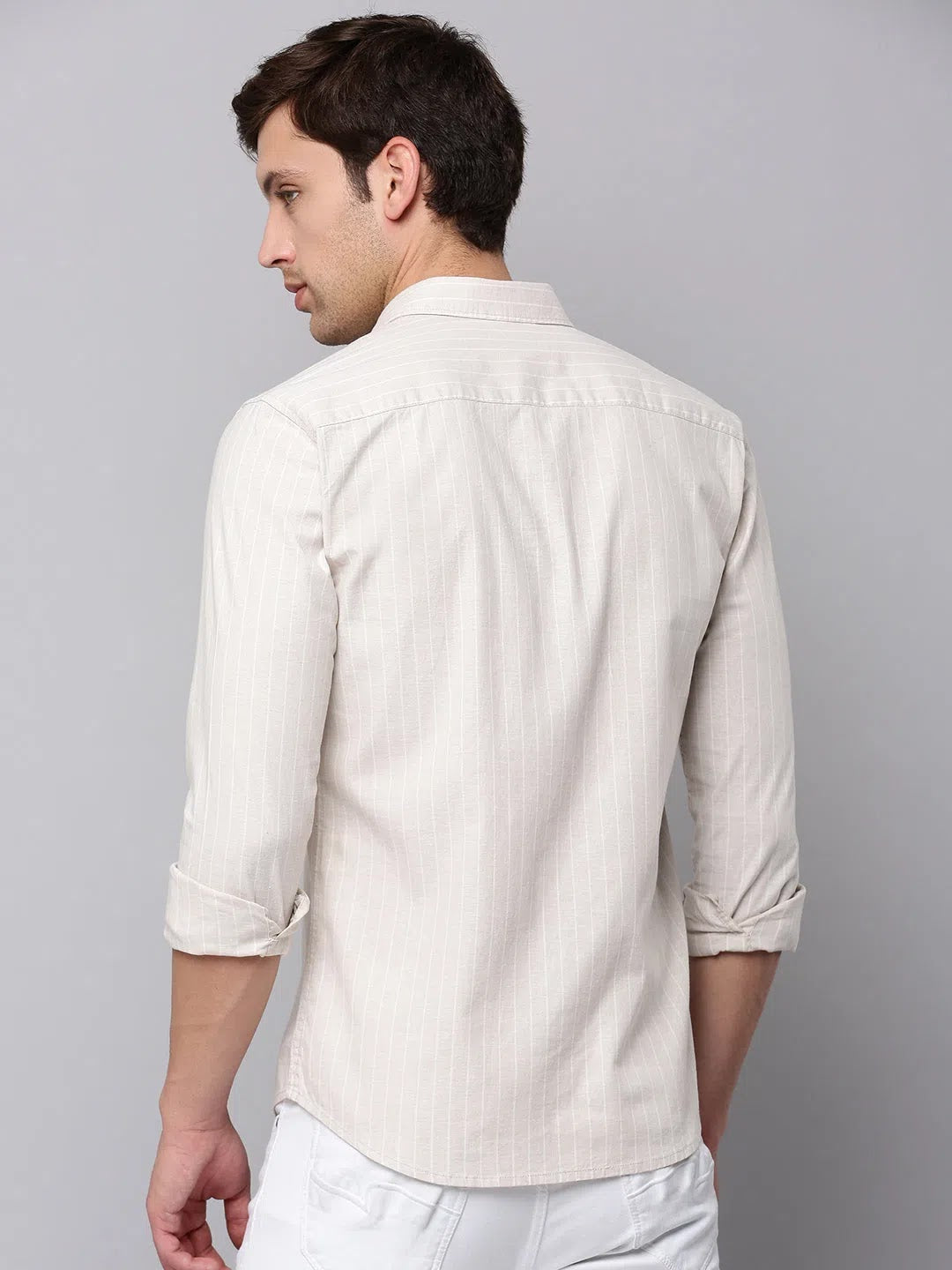 Beige Striped Mens Shirt - Cotton Linen Shirt | DesiQlo