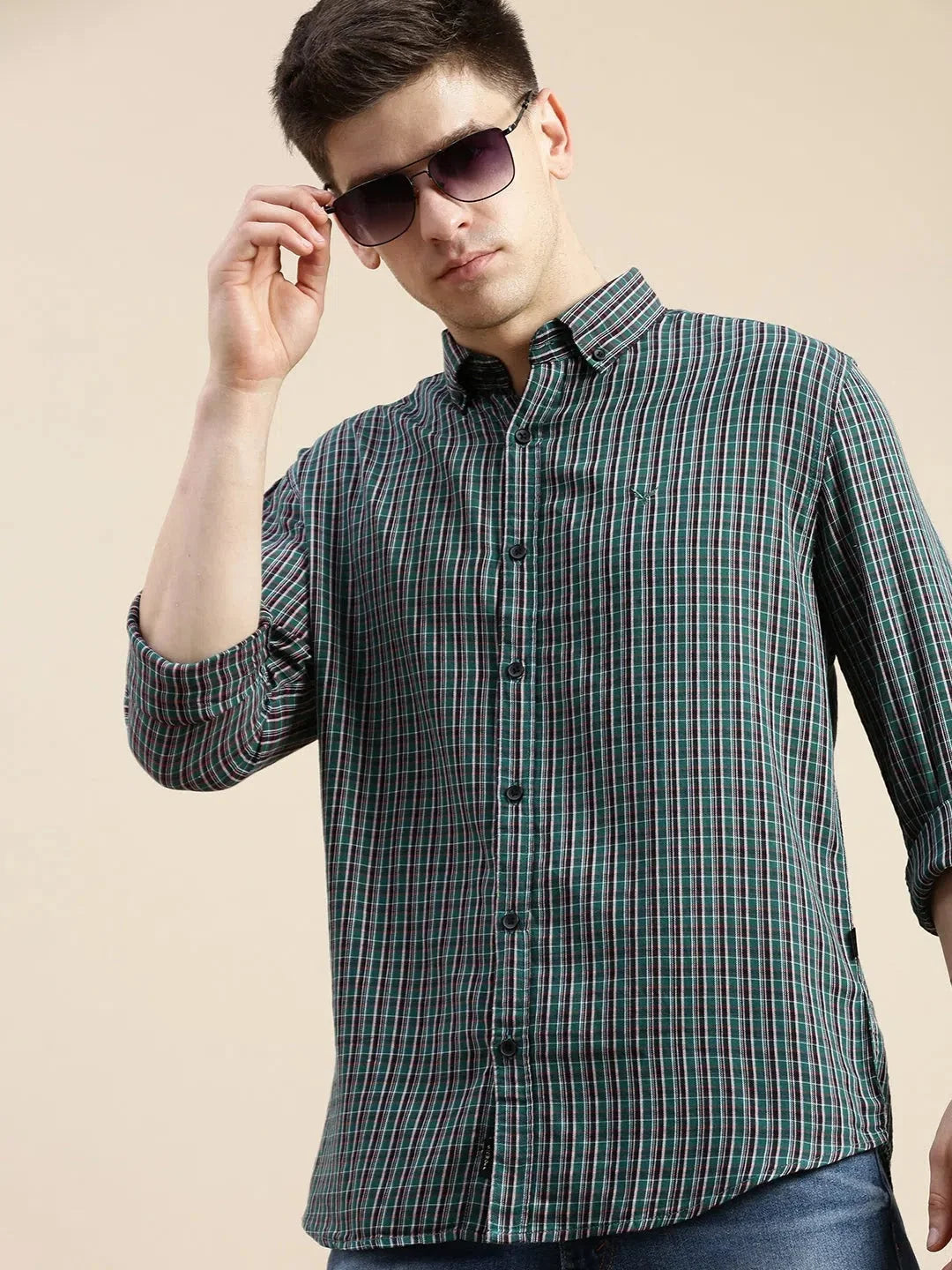 Men Green Checked Casual Shirt-GROVER-1105-Green