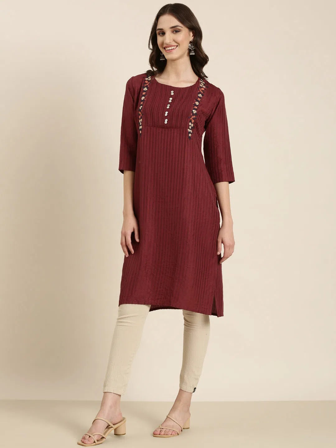 Magenta Striped Indian Kurta for Women - DesiQlo Cotton Kurtis