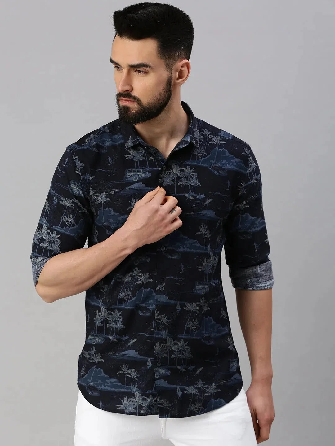 Men's Navy Blue Golden Print Shirt | Cotton Casual Wear