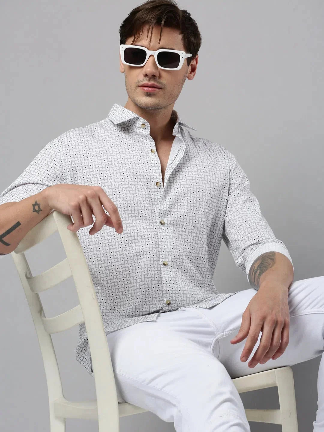 Festive White Printed Mens Shirt - Cotton Casual Shirt | DesiQlo