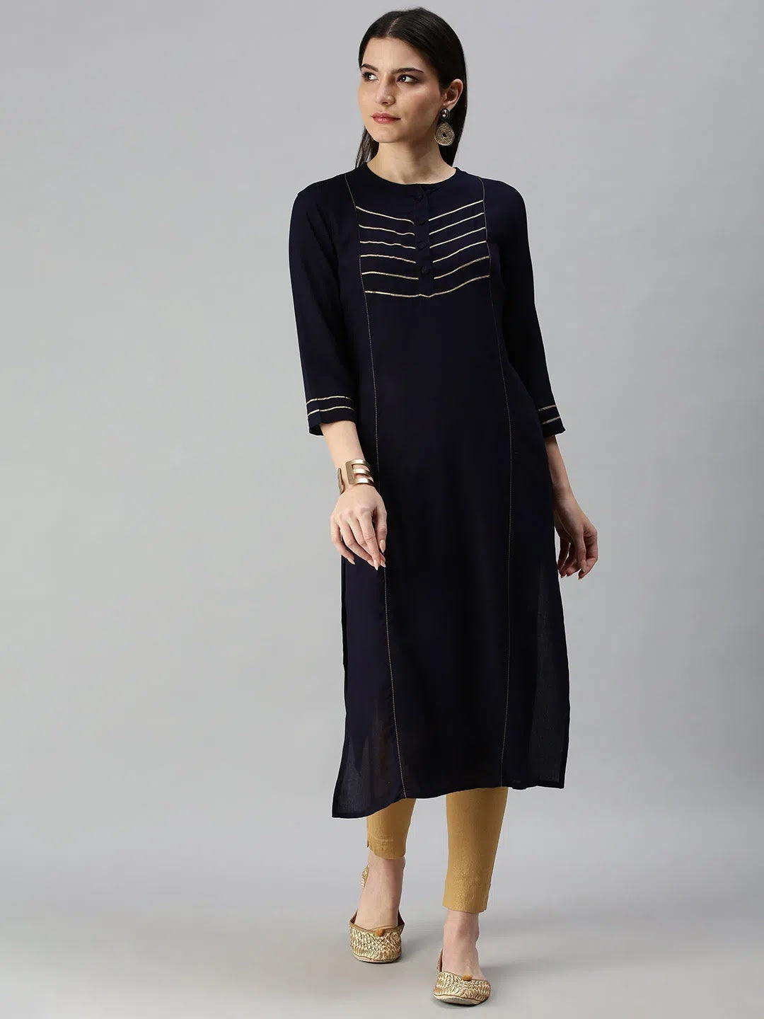 Elegant Navy Blue Cotton Indian Kurta for Women - DesiQlo