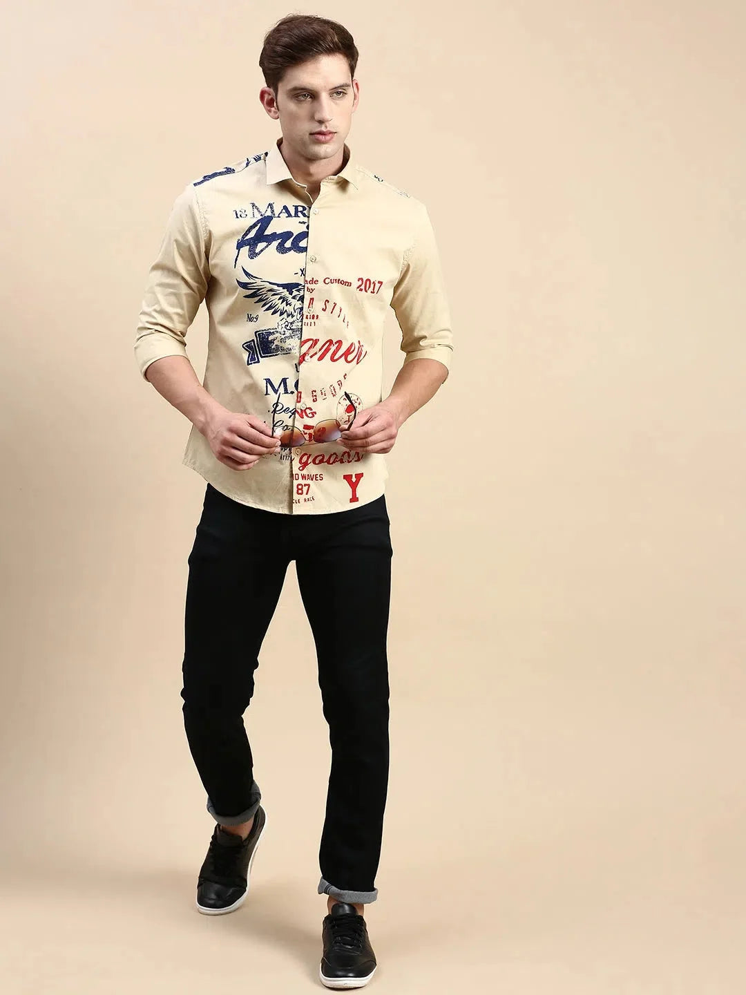 Khaki Printed Mens Shirt | Cotton Casual Shirts DesiQlo