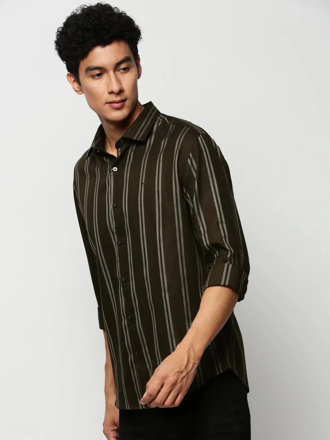 Trendy Men's Green Striped Cotton Shirt | Casual Style