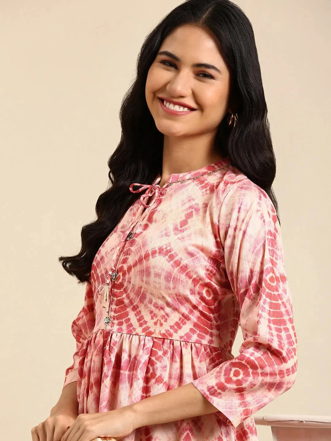 Beige Tie Dye Anarkali Kurti | Women's Polyester Anarkali Dress