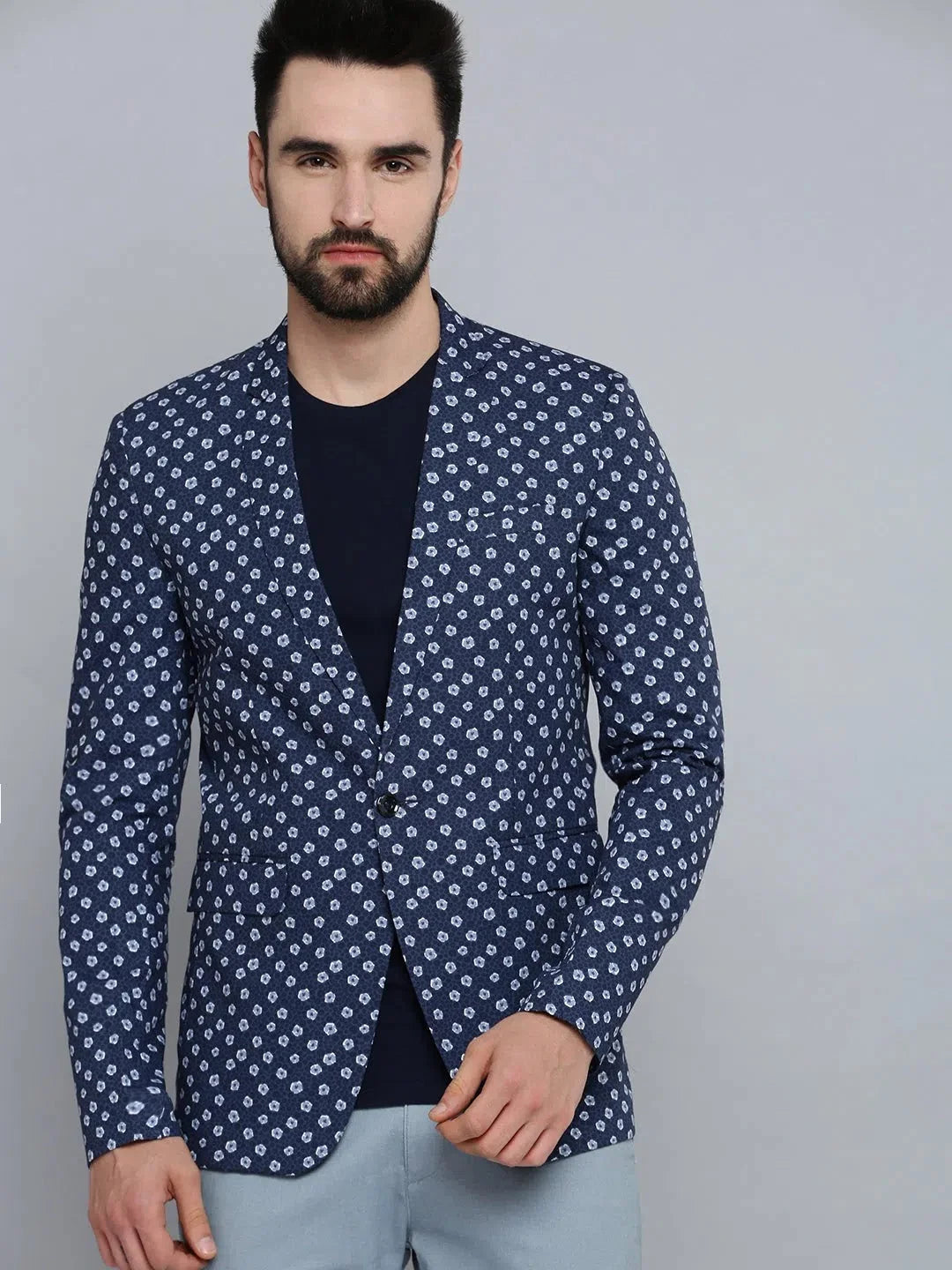 Men's Blue Printed Blazer - Modern Nehru Collar Style