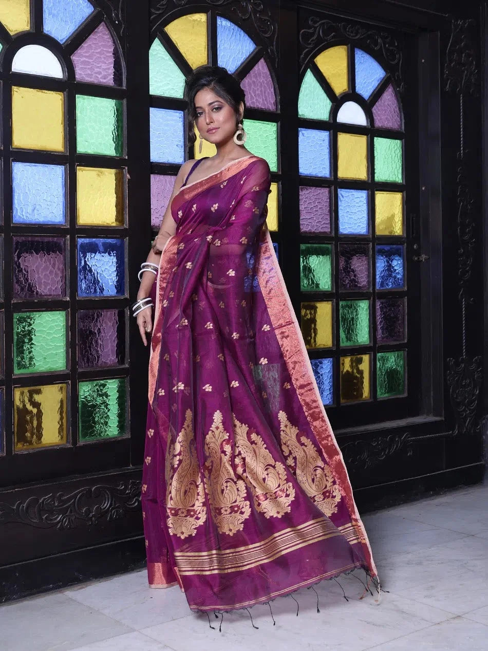 Purple Cotton Indian Sari with Zari Borders