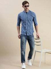 Men Blue Checked Casual Shirt-LAVINIA-1104-Blue