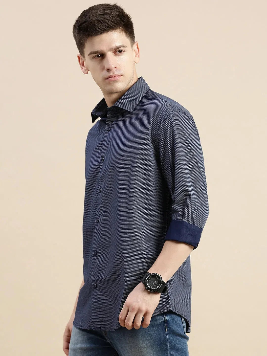Navy Polka Dot Mens Shirt | Casual Printed Shirt - DesiQlo