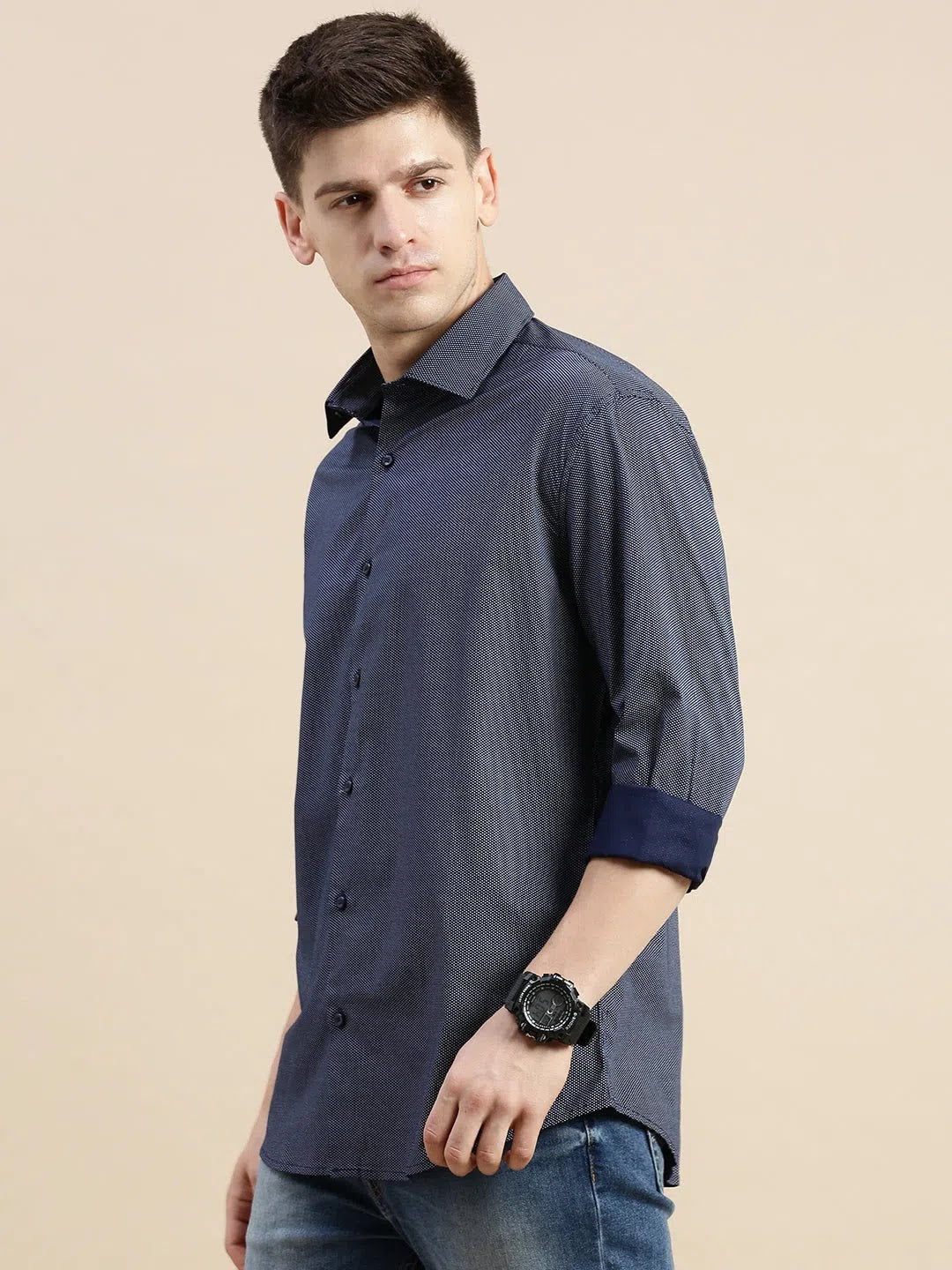 Navy Polka Dot Mens Shirt | Casual Printed Shirt - DesiQlo