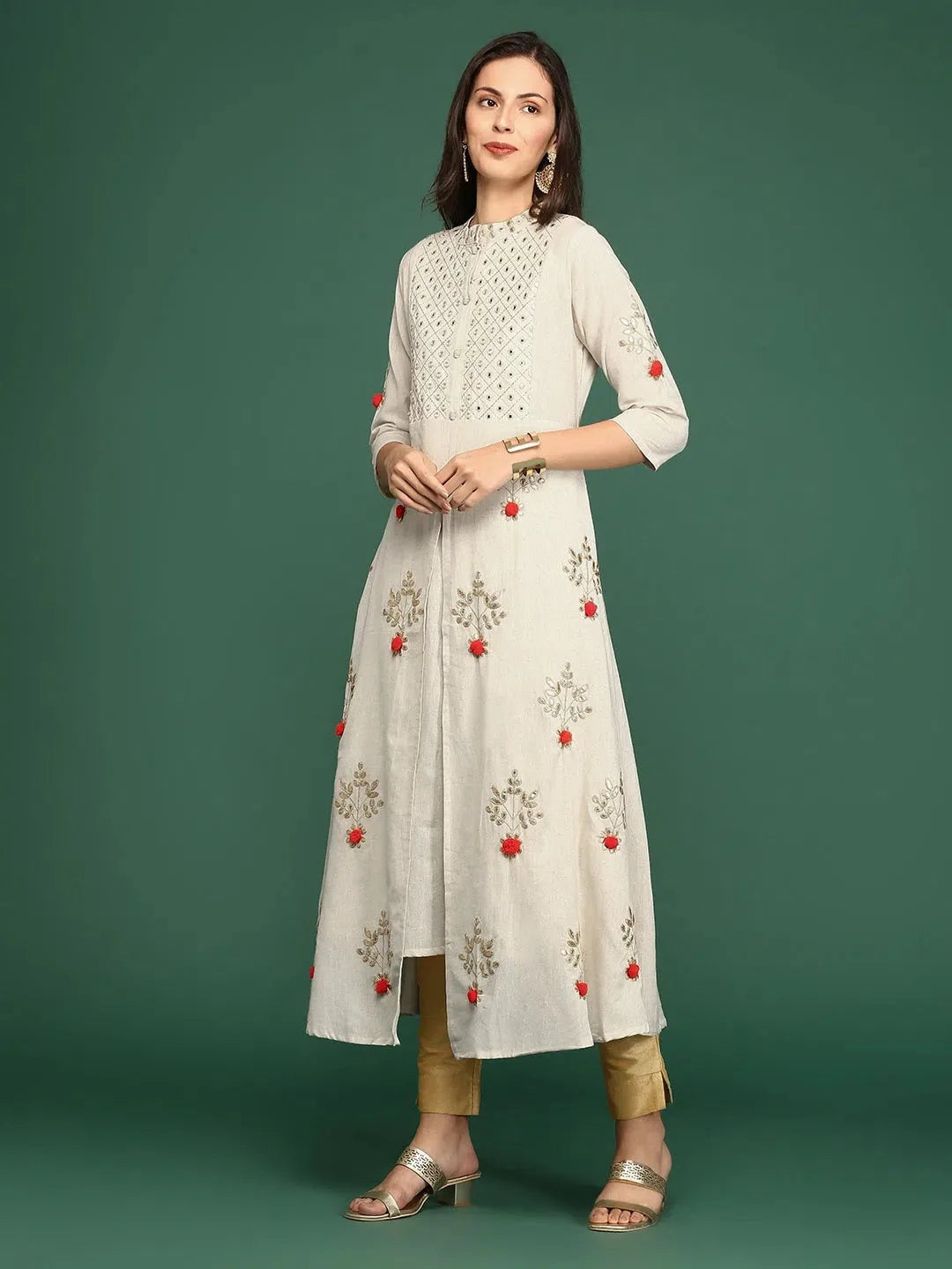 White Embellished Anarkali Kurta - Women's Cotton Anarkali Kurti