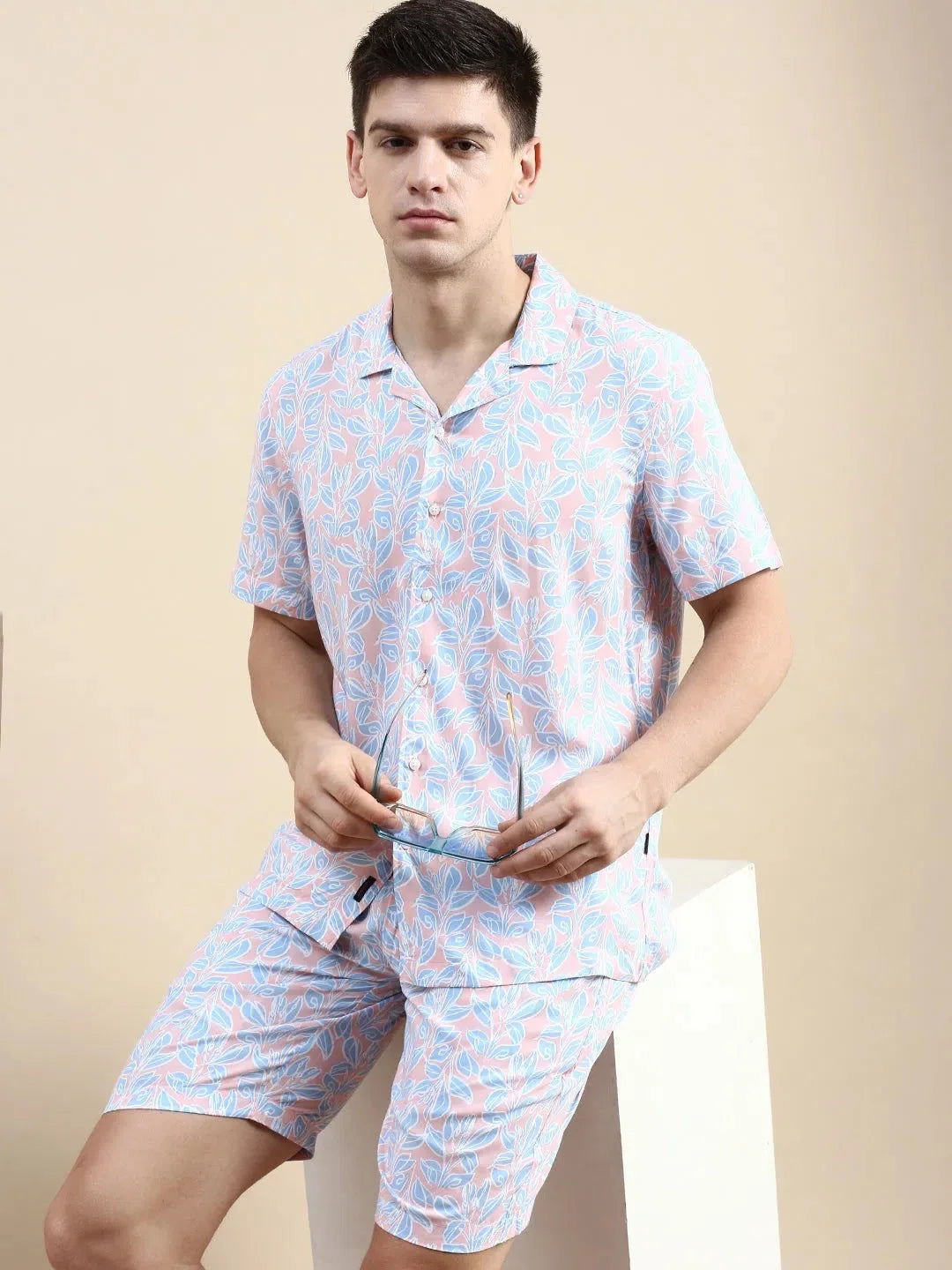 Men's Peach Printed Casual Co ord Set | Two Piece Sets Men