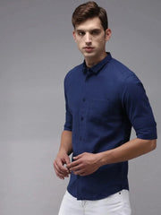 Men Blue Solid Casual Shirt-COLINLINEN-1342-Navyblue
