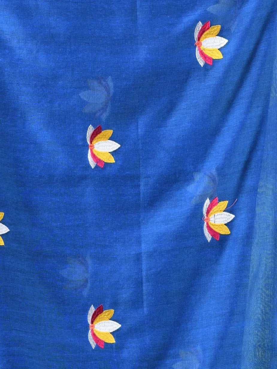 Sapphire Blue Embroidered Cotton Saree | Indian Sarees