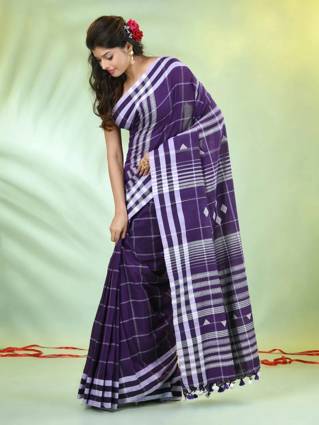 Violet Cotton Check Saree | Indian Sarees Online
