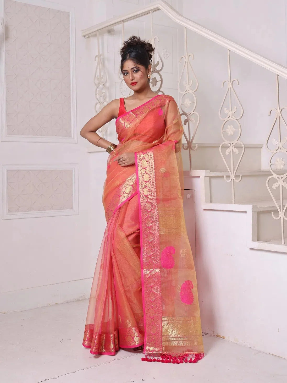 Orange Linen Saree with Zari Border | Designer Sarees India