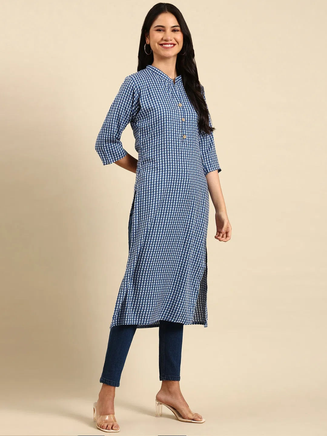 Blue Printed Cotton Kurta | Stylish Indian Kurtis for Ladies