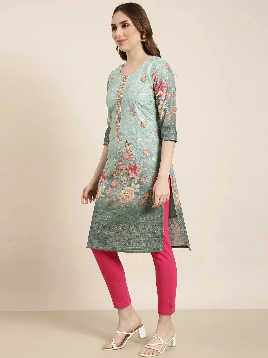 Green Floral Cotton Kurta - Indian Kurtas for Women Online