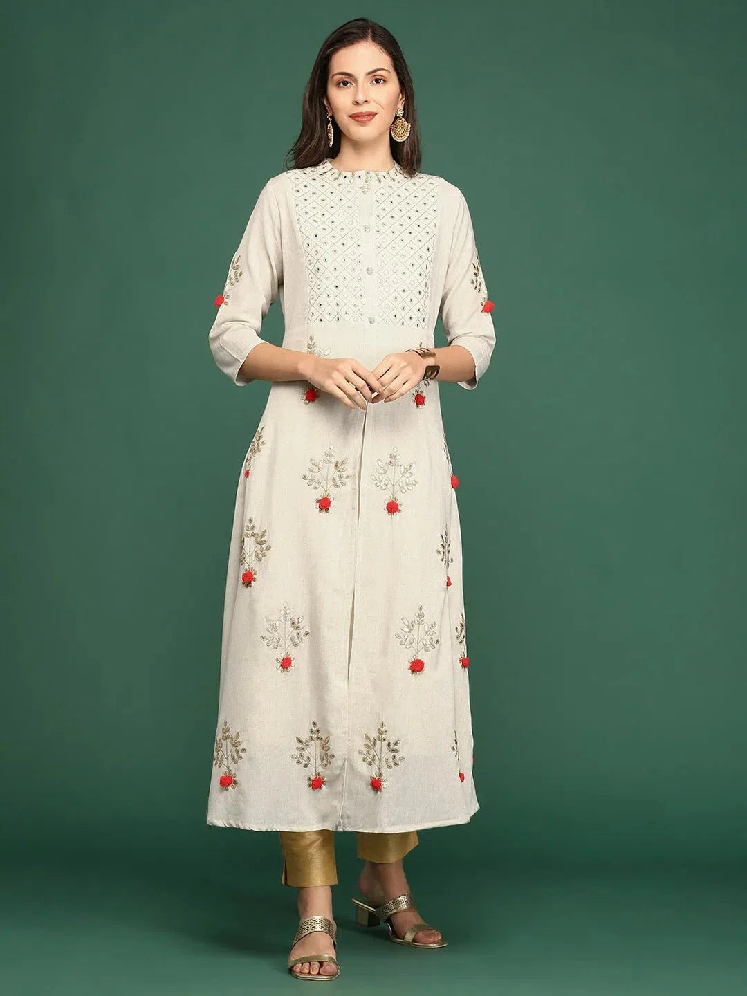White Embellished Anarkali Kurta - Women's Cotton Anarkali Kurti