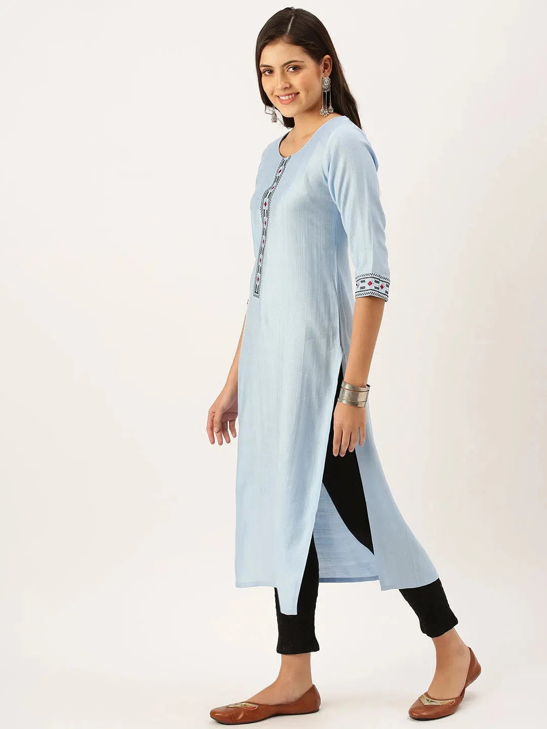 Blue Embroidered Cotton Kurta Indian Ladies Fashion | DesiQlo