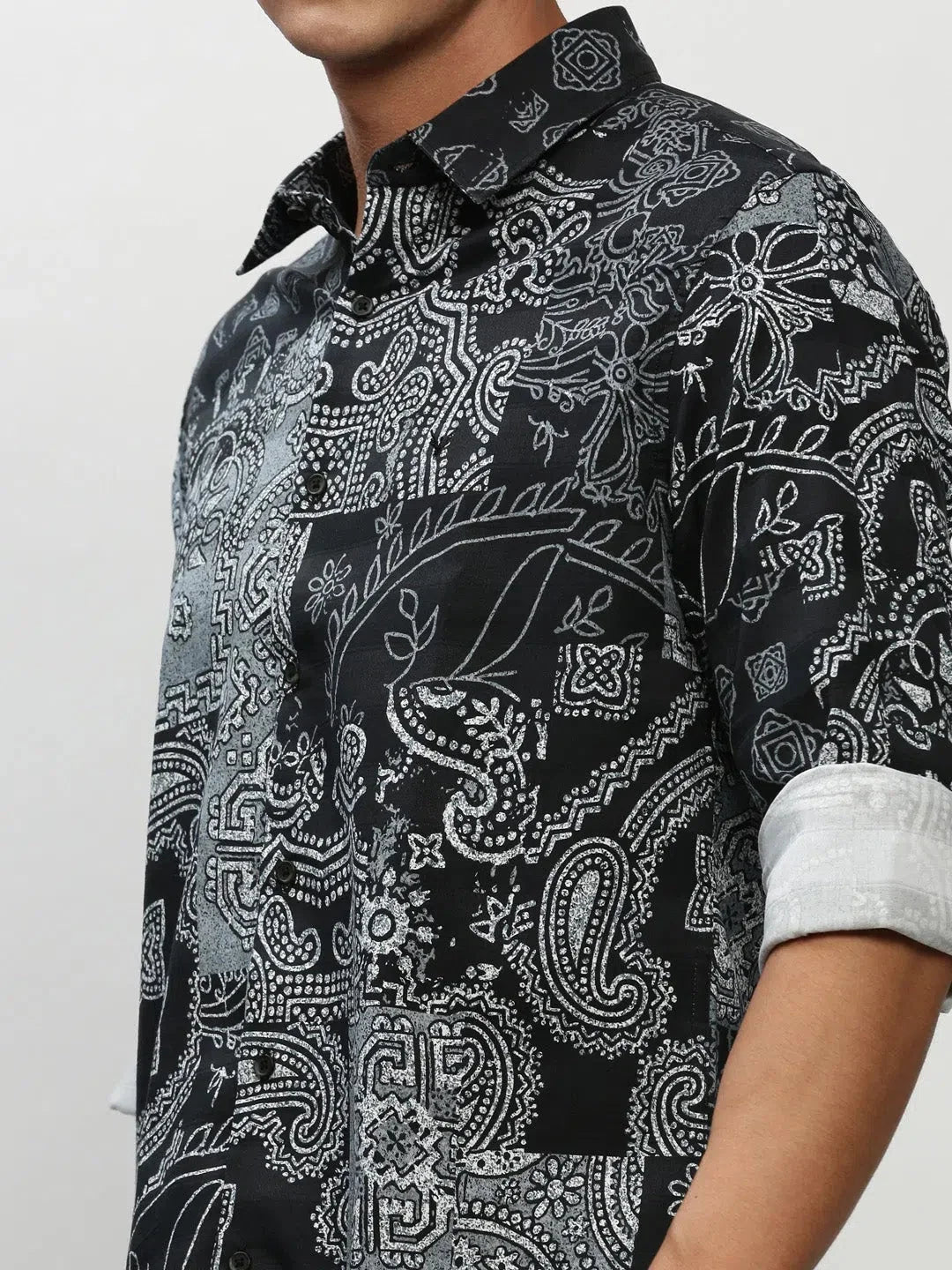 Men's Black Printed Shirt - Ethnic Motif Cotton Casual Shirt