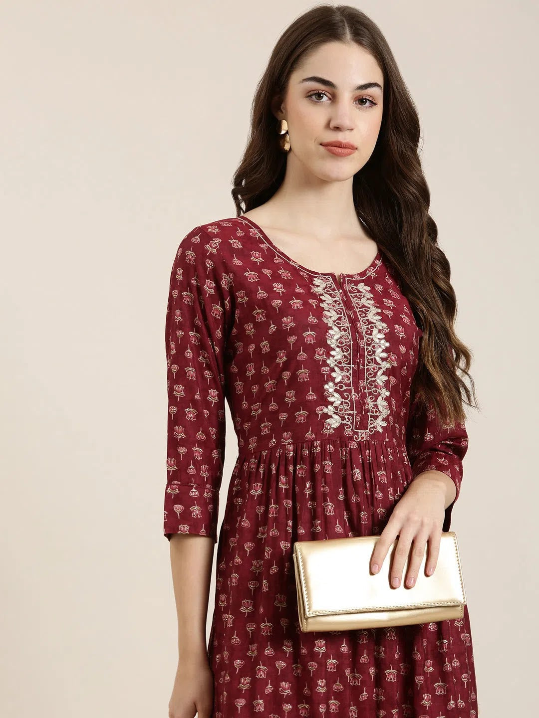 Maroon Floral A-Line Cotton Kurta | Indian Kurtas For Women