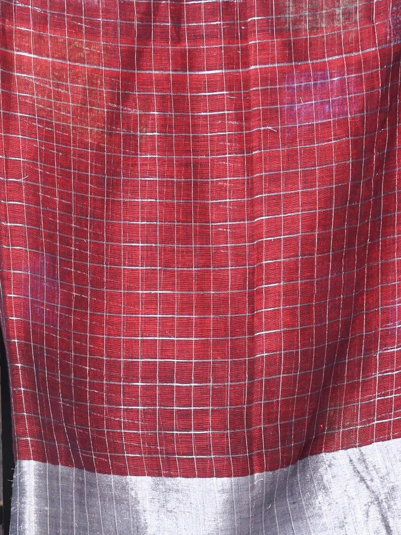 Maroon Linen Check Saree with Zari - Designer Sarees India