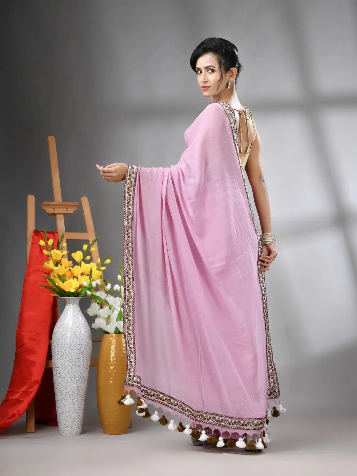 Lilac Cotton Saree with Embroidered Border | Indian Sarees