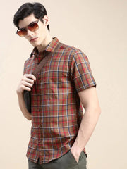 Men Brown Checked Casual Shirt-ALMACHECKS-80-Brown